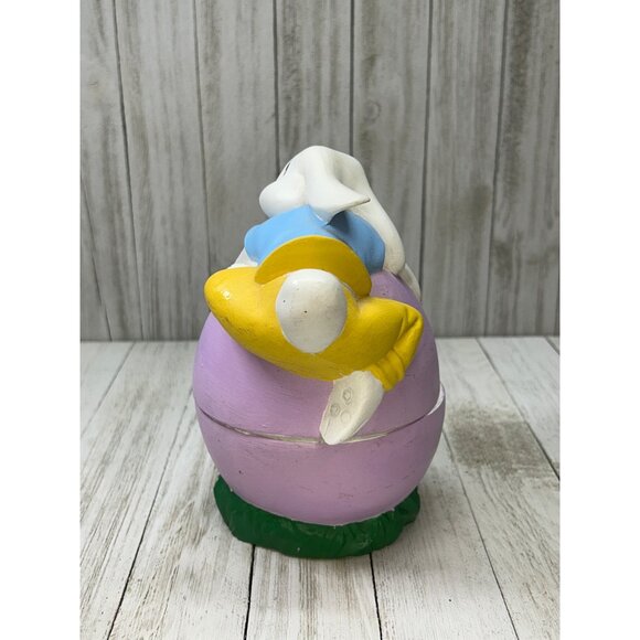 Vintage Ceramic Bunny Easter Rabbit Laying On Purple Egg Trinket Box Big Eye - Picture 3 of 8